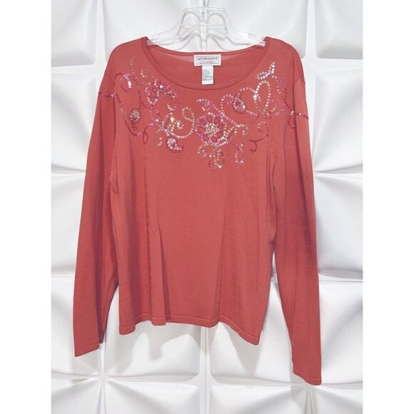 Victor Costa Occasion Sz L Orange/Pink Beaded Sequin Sweater Knit Top Womens - Picture 6 of 7